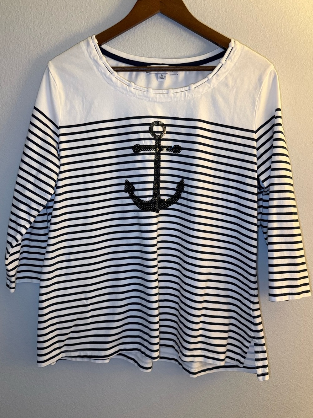 Nautical Striped Quarter Sleeve Top with Anchor - White & Navy